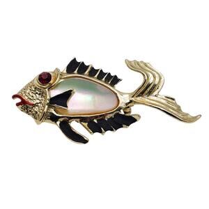 Gold Tone Fish Brooch Black Enamel & MOP Red Rhinestone Eye Figural Sea Life Pin